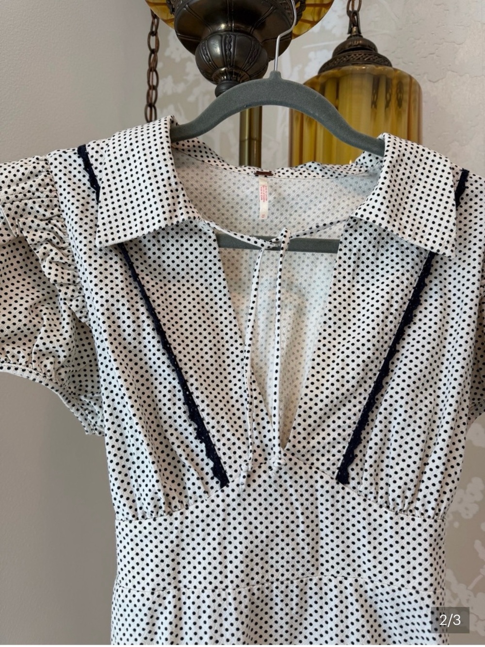 White Polka Dot Short Sleeve Dress with Collar - Picture 2 of 4